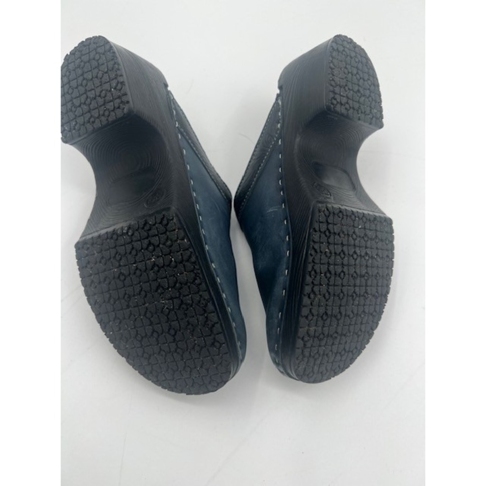 Scandic Clogs Women 38 Navy Blue Good Handcrafted Leather Floral Trim Wood Heel - Picture 8 of 9